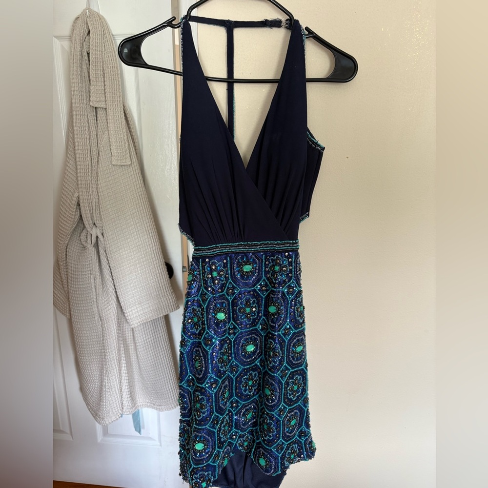 Rachel Allan Navy and Teal Backless Dress